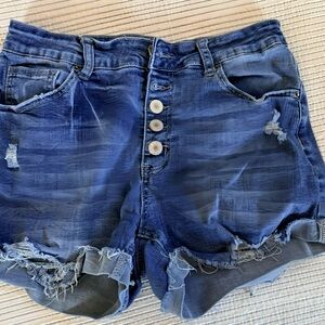 Distressed High-Waist Dark Blue Denim Shorts
